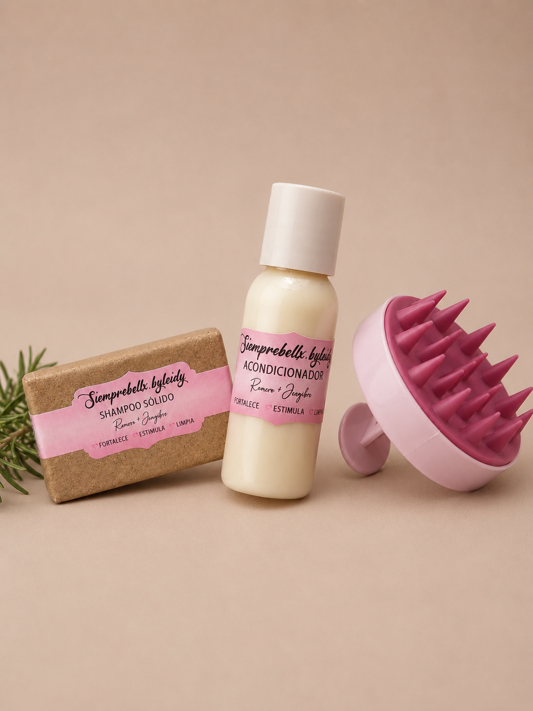 Kit shampoo & acondicionador Romero + cepillo exfoliante